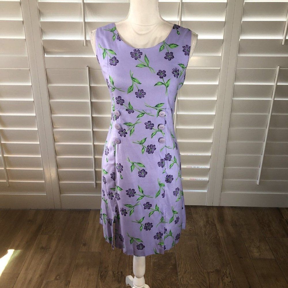 Vtg 80s TR Bentley Rayon Dress NWT 12 Purple Floral Scoop Neck Button Detail Fun